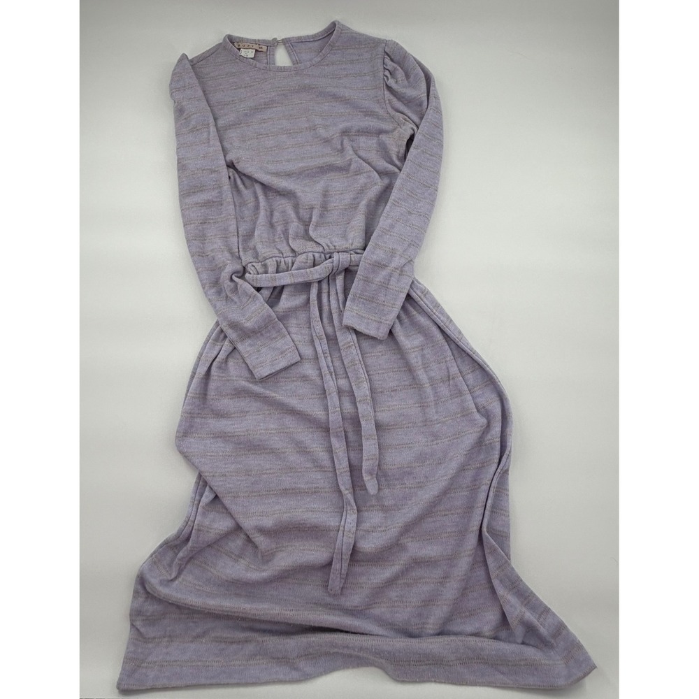 Vintage Suzi M. Lavender Gold Metallic Stripe Long Sleeve Belted Midi Dress 11